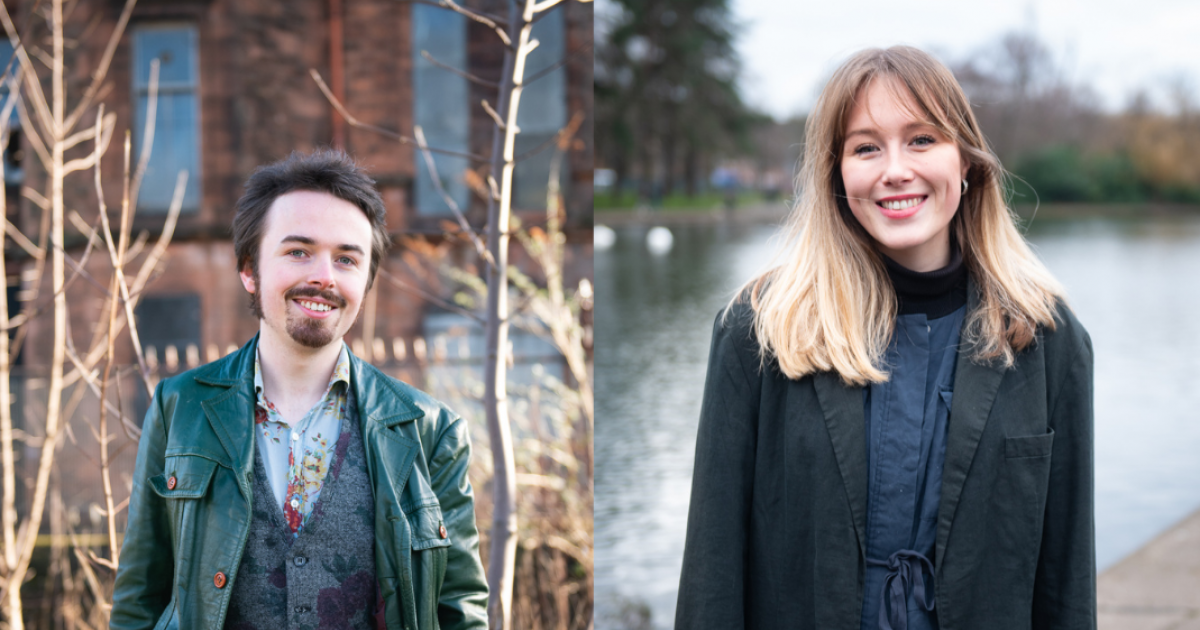 Side by side images of Green Councillors Anthony Carroll and Lana Reid-McConnell. Both are outside in their local wards and both are smiling