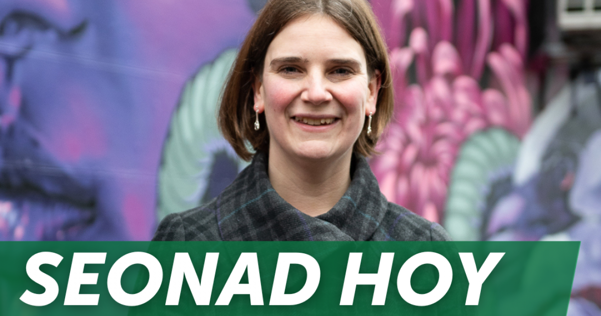 An image of Seonad Hoy, Hillhead's new Green councillor.  On a dark green rectangle near the top of the image sits the word 'Congratulations' in white.  At the bottom of the image white text sits against a dark green rhombus, fading to light green lower d