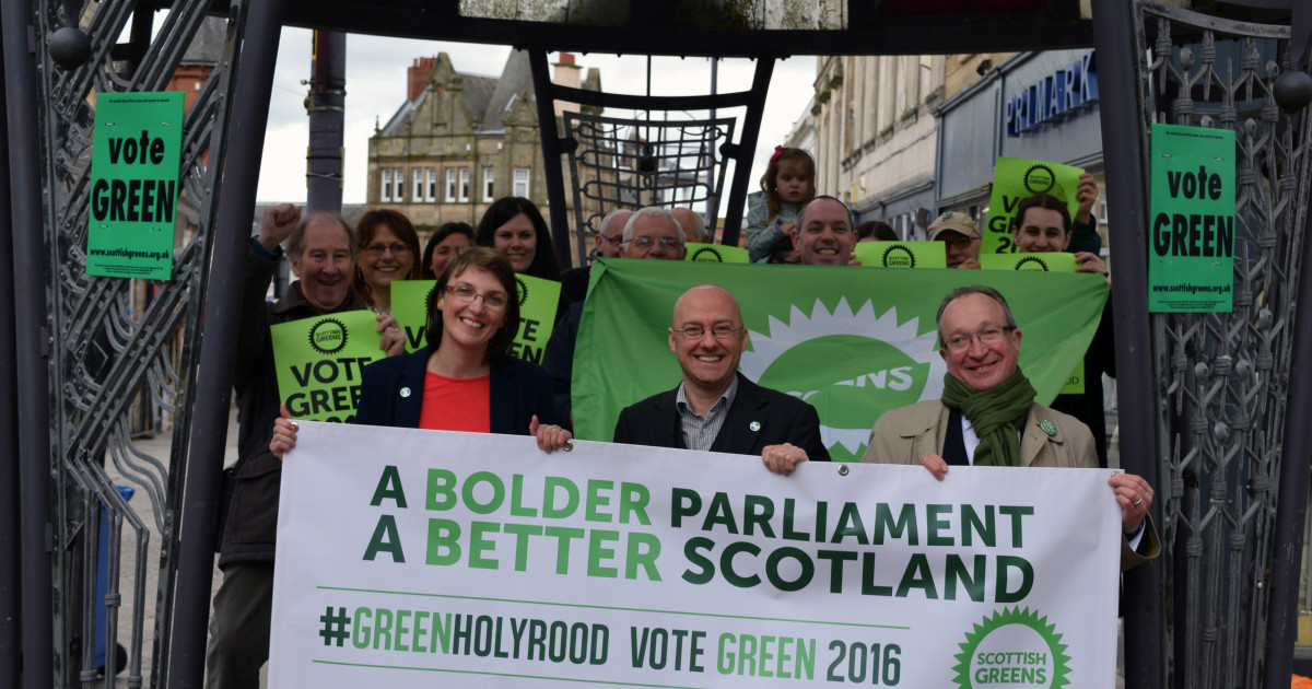 Kirsten Robb, John Wilson and Patrick Harvie at Central Scotland regional campaign launch