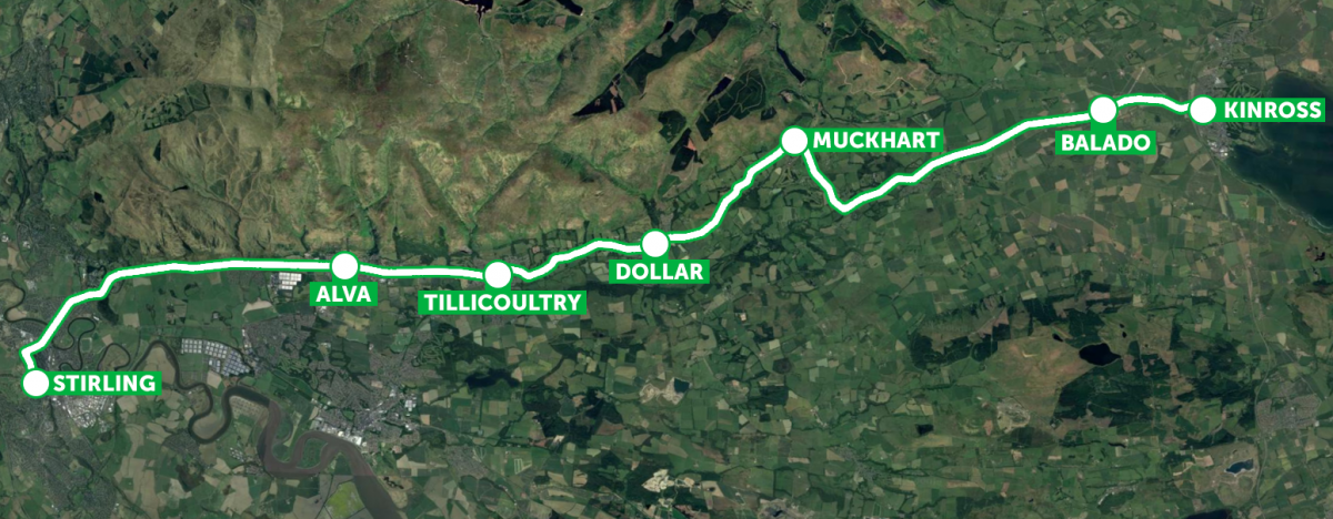 Map of the X53 route from Stirling to Kinross